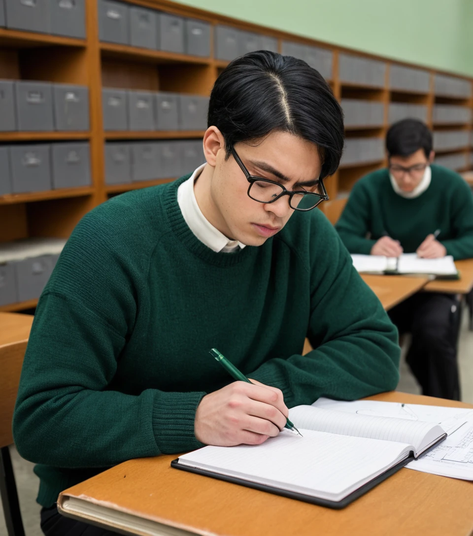 Jovem analista sério estudando documentos em uma biblioteca abandonada