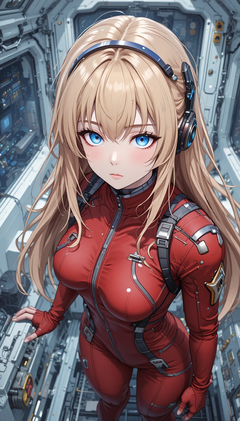 Ragazza anime in tuta rossa all'interno di un'astronave futuristica