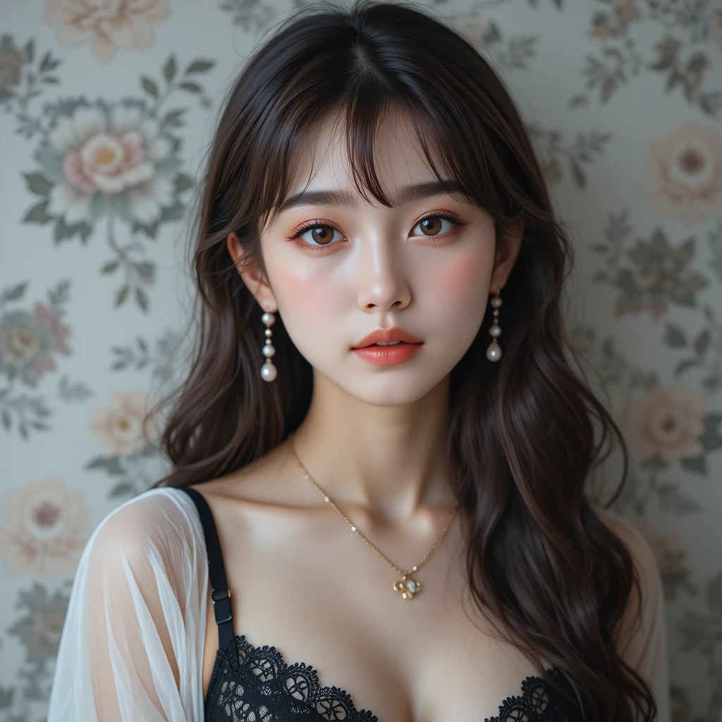Soft portrait of a young woman in lace bra and blouse