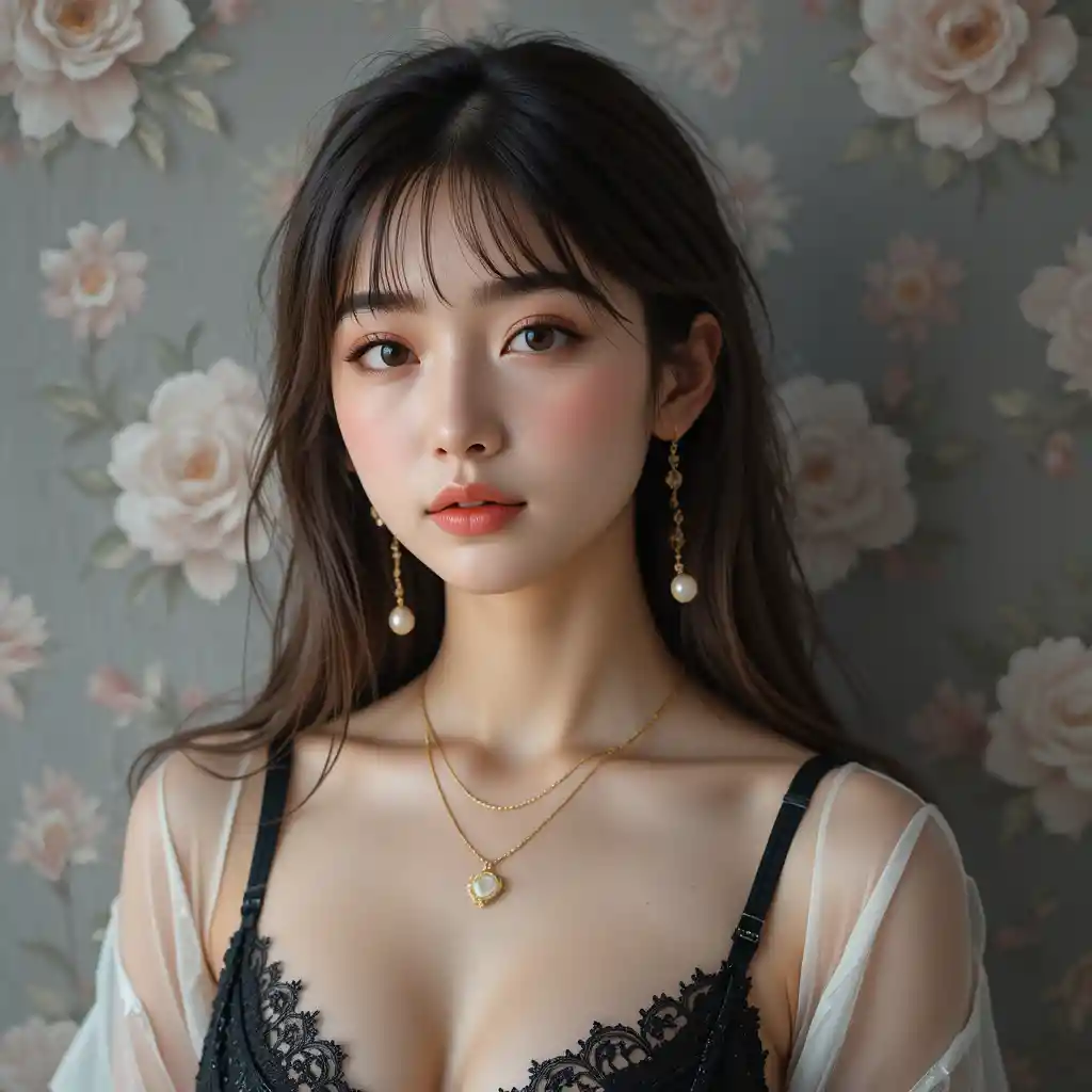 Young woman in lace bra and sheer blouse portrait