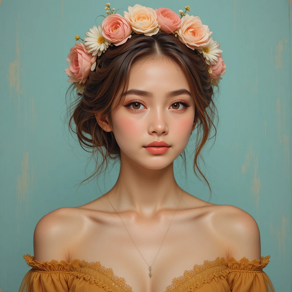 Floral crowned young woman in soft teal portrait