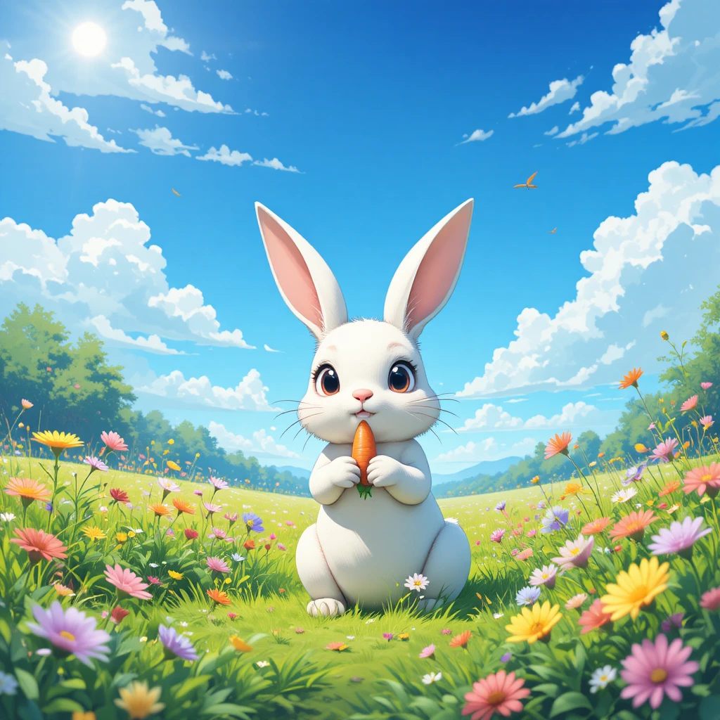 Coelhinho fofo de anime segurando uma cenoura em um prado ensolarado