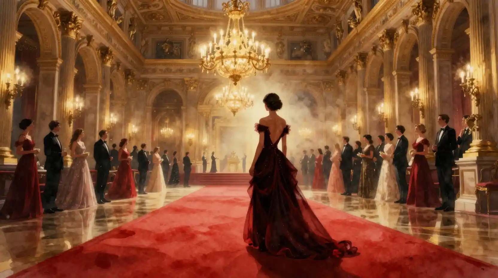 Femme élégante en robe dos nu sur tapis rouge dans une salle de bal