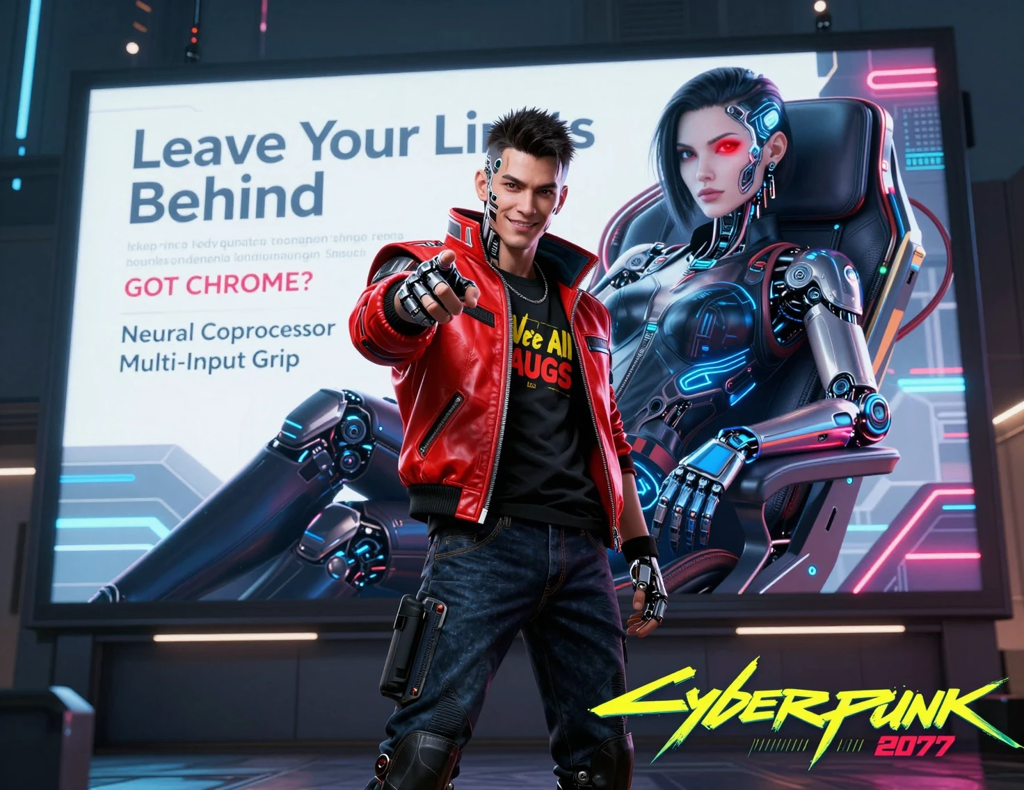 Cyberpunk-Mann zeigt nach vorn in einer Neonstadt