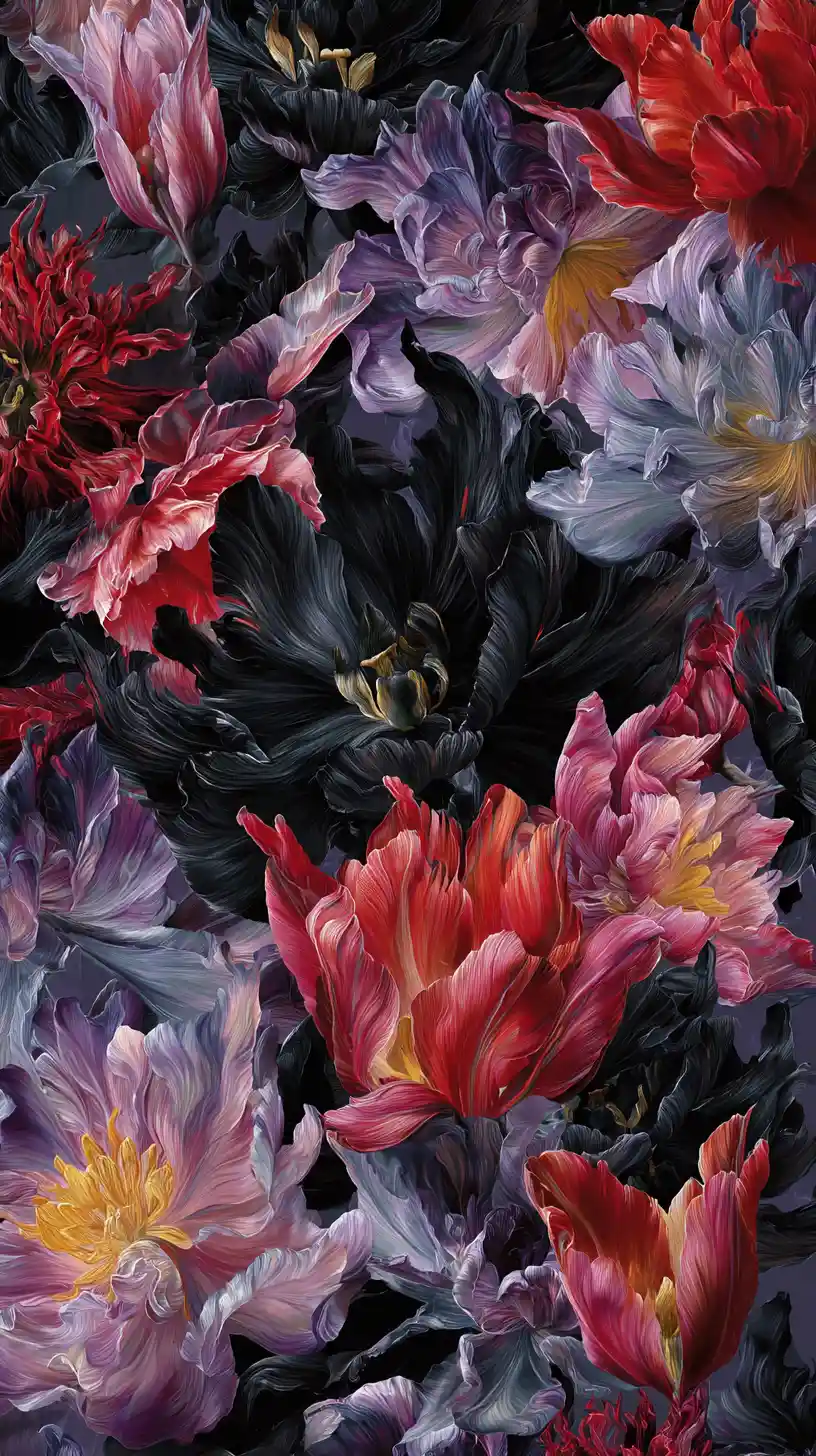 Surreal Garden Of Dark Flowers In Dreamlike Colors