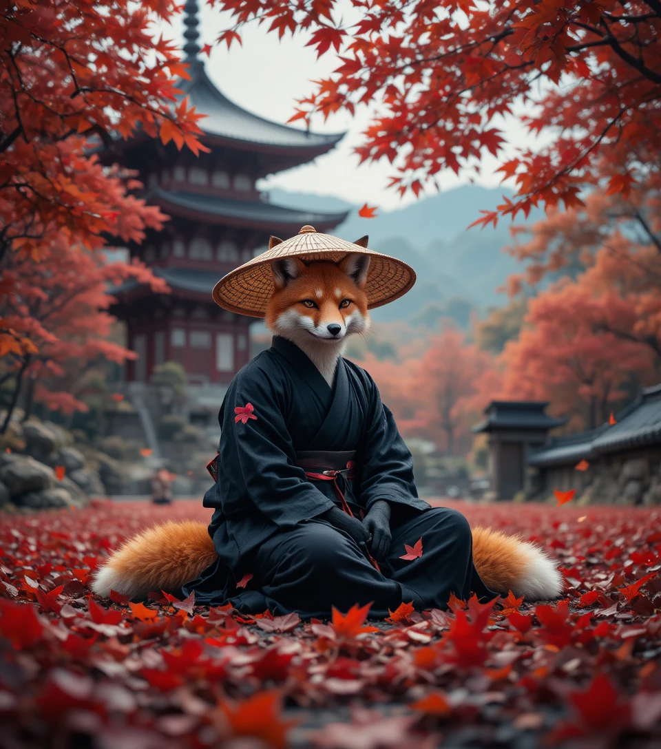 Samurai raposa descansando entre folhas vermelhas de bordo no outono