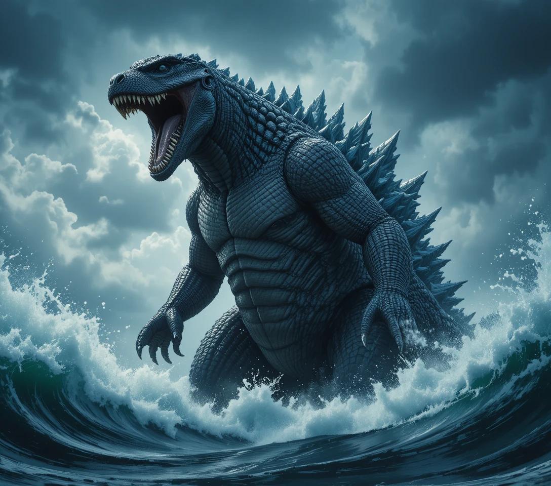 Monstro marinho colossal rugindo de um oceano tempestuoso