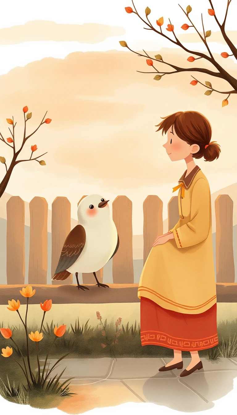 Ilustração acolhedora de lar com pássaro e mãe ao pôr do sol