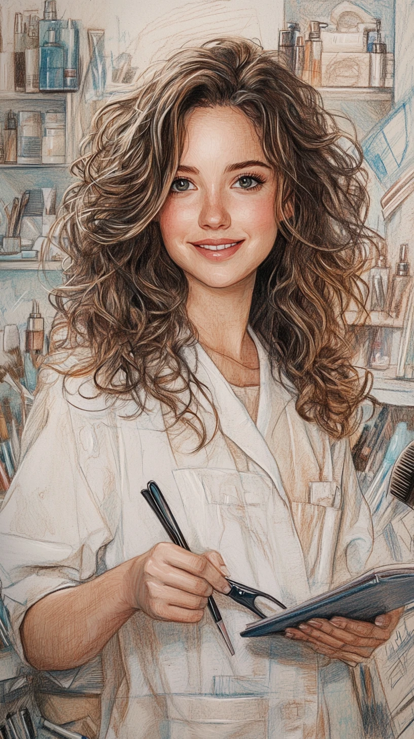 Jovem cabeleireira com ferramentas em retrato quente estilo sketchbook