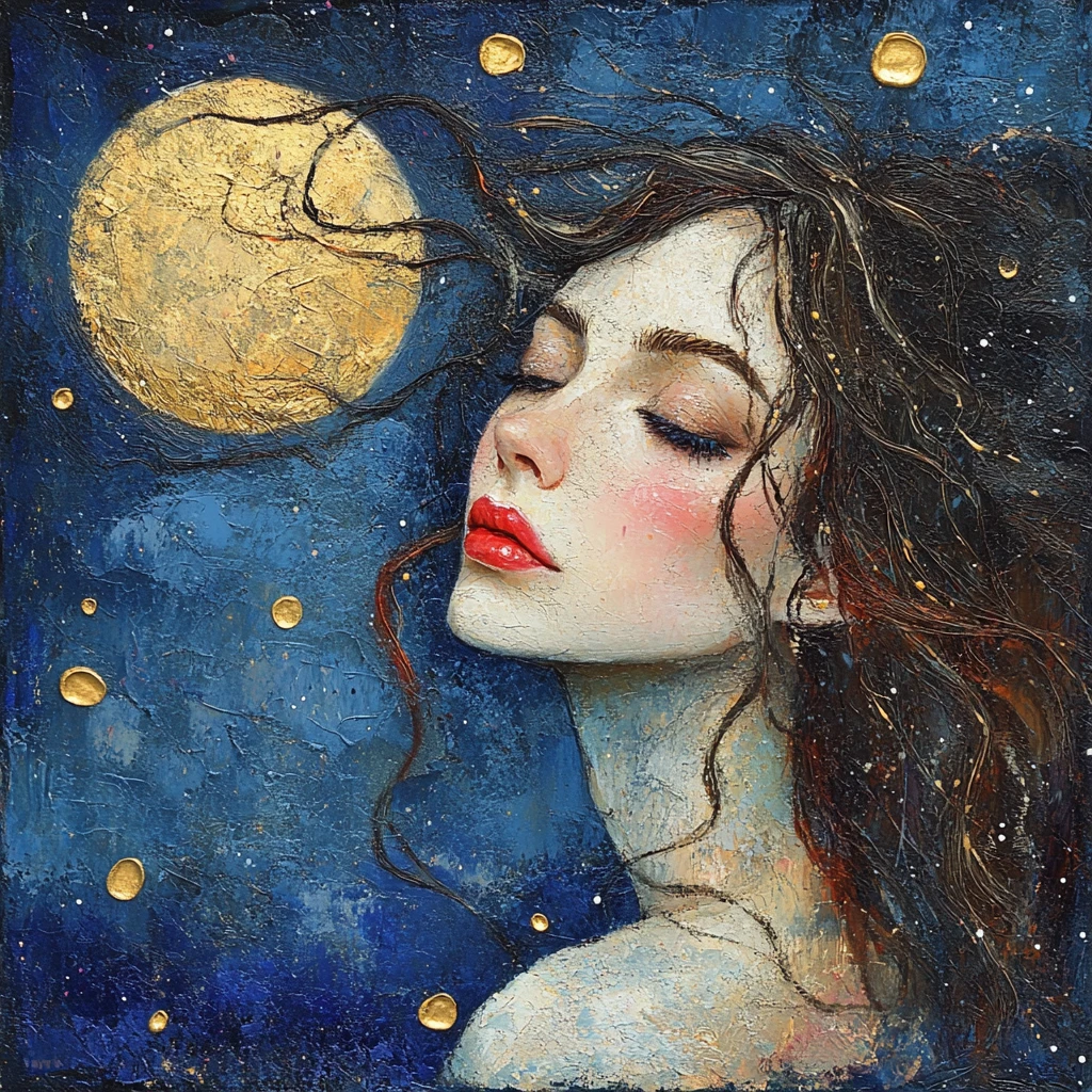 Woman with violet eyes smiling at the moonlit sky