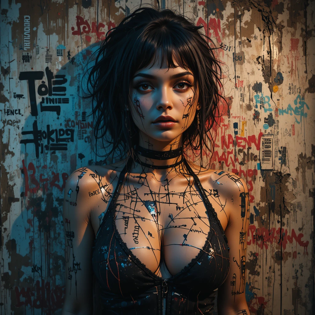 Retrato em grafite de uma mulher cyberpunk em um muro urbano em decadência