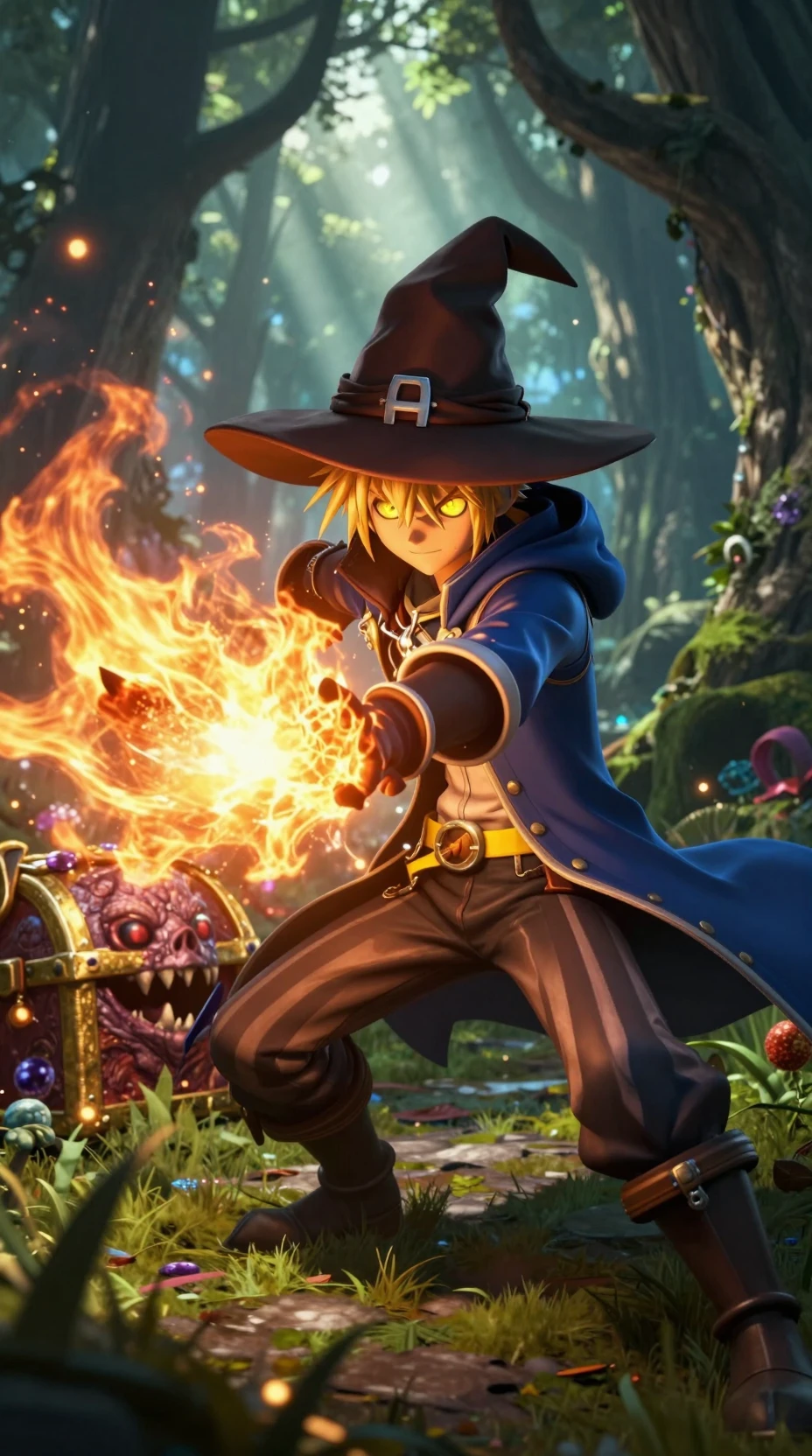 Wizard unleashing fiery magic in a sunlit forest
