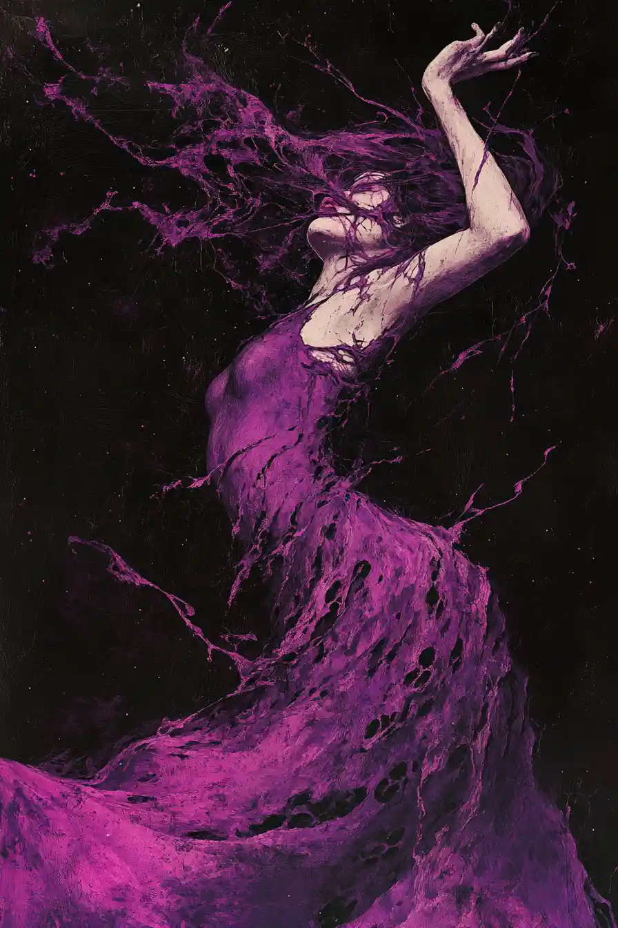 Femme glamour sur fond abstrait violet cosmique sombre