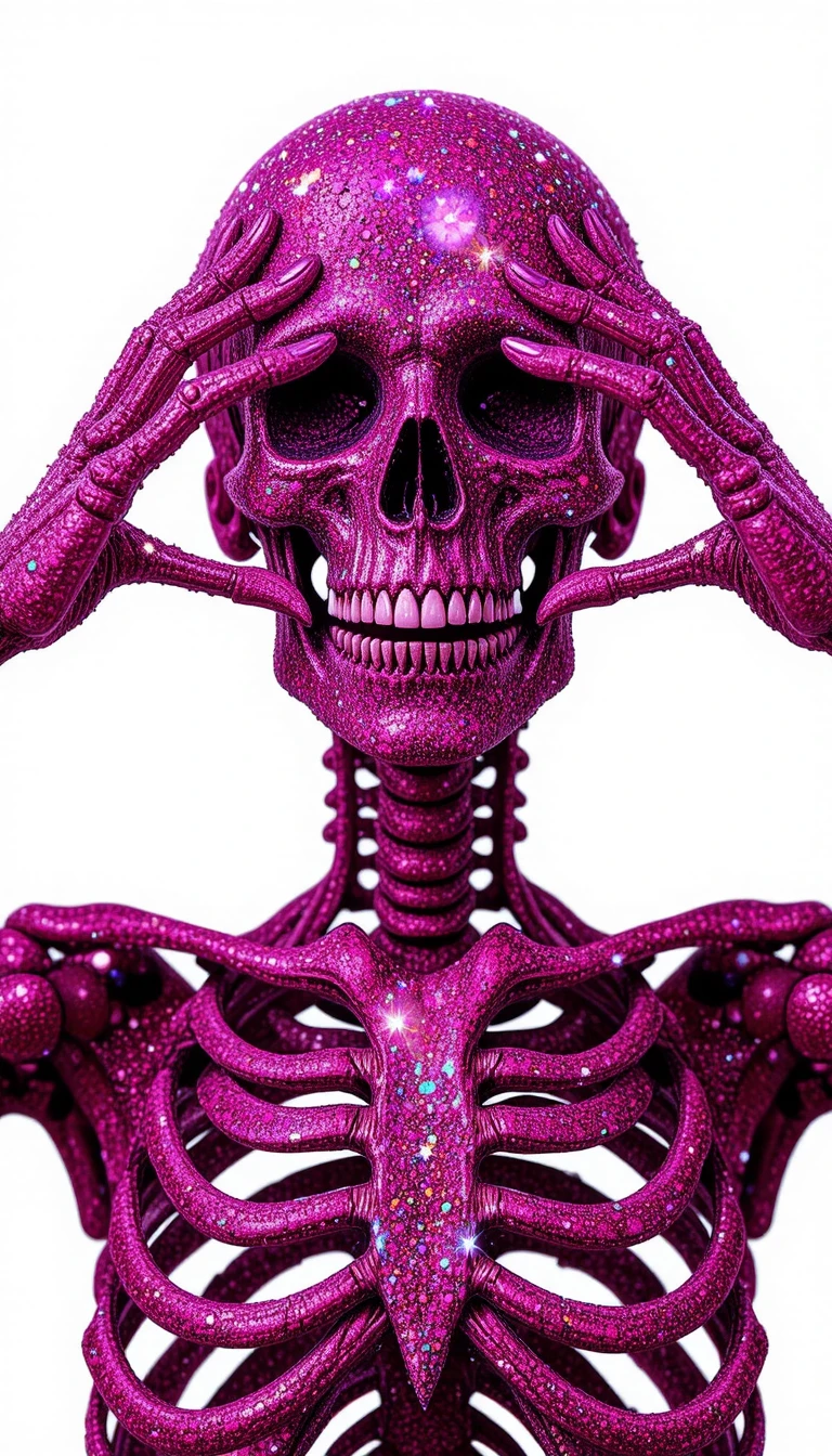 Retrato de esqueleto com glitter magenta e clima divertido em fundo branco