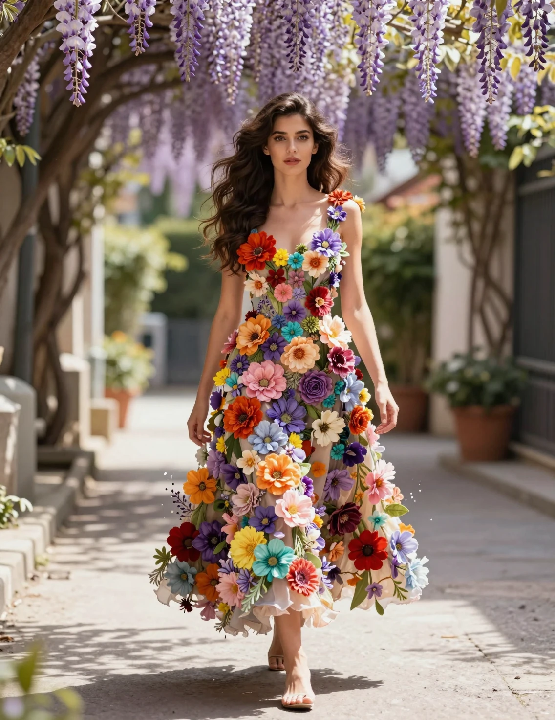 Young woman in floral dress walking down a sunny alley