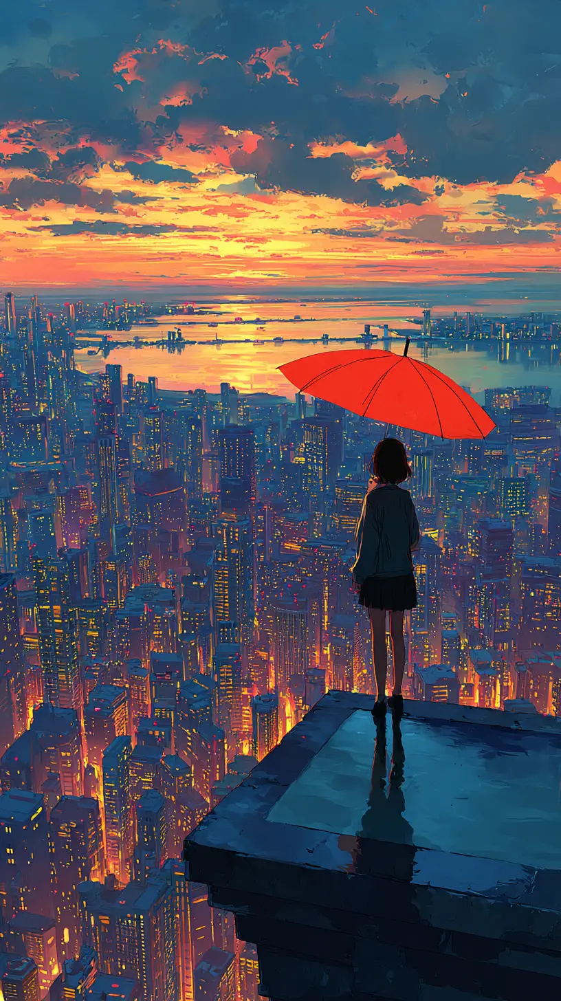 夕陽城市天台上的紅傘動漫少女