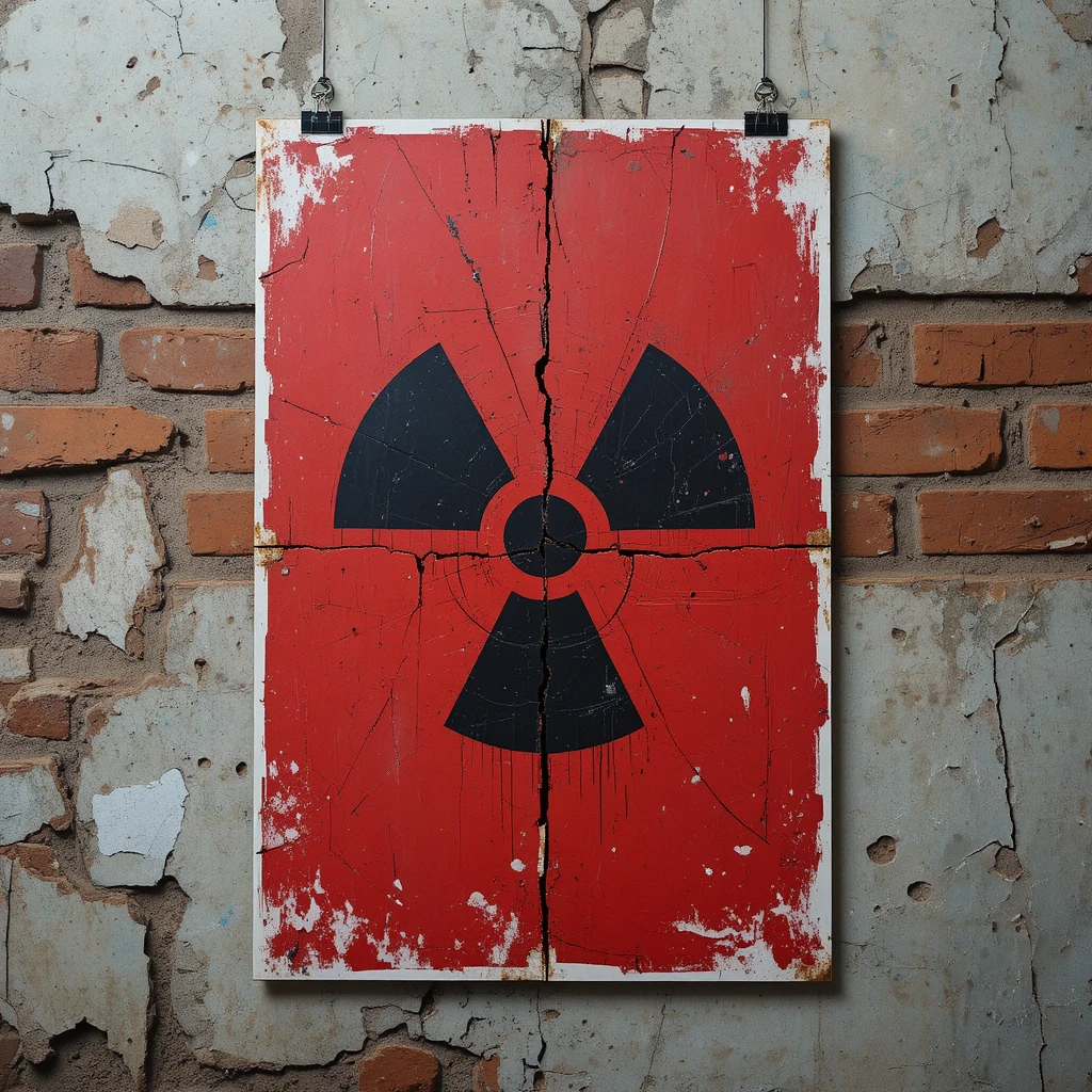Weathered red radiation warning poster on cracked brick wall