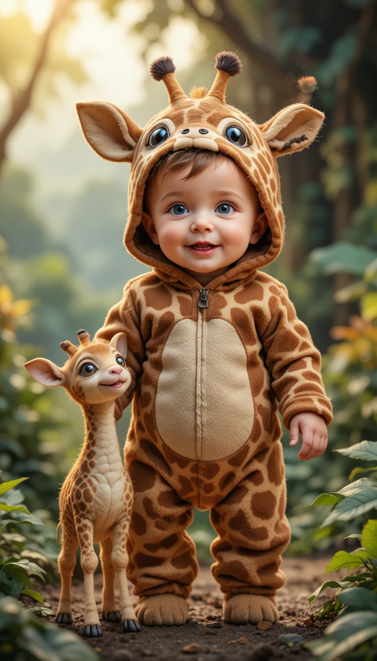 Bebê fofo em fantasia de girafa em um vale de selva exuberante