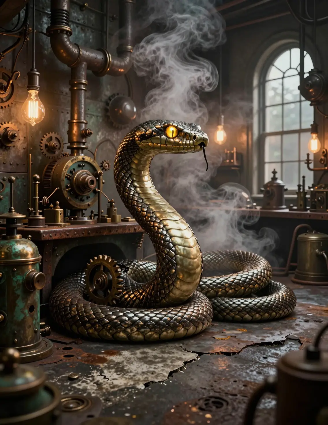 Mechanical serpents in a dim steampunk industrial workshop