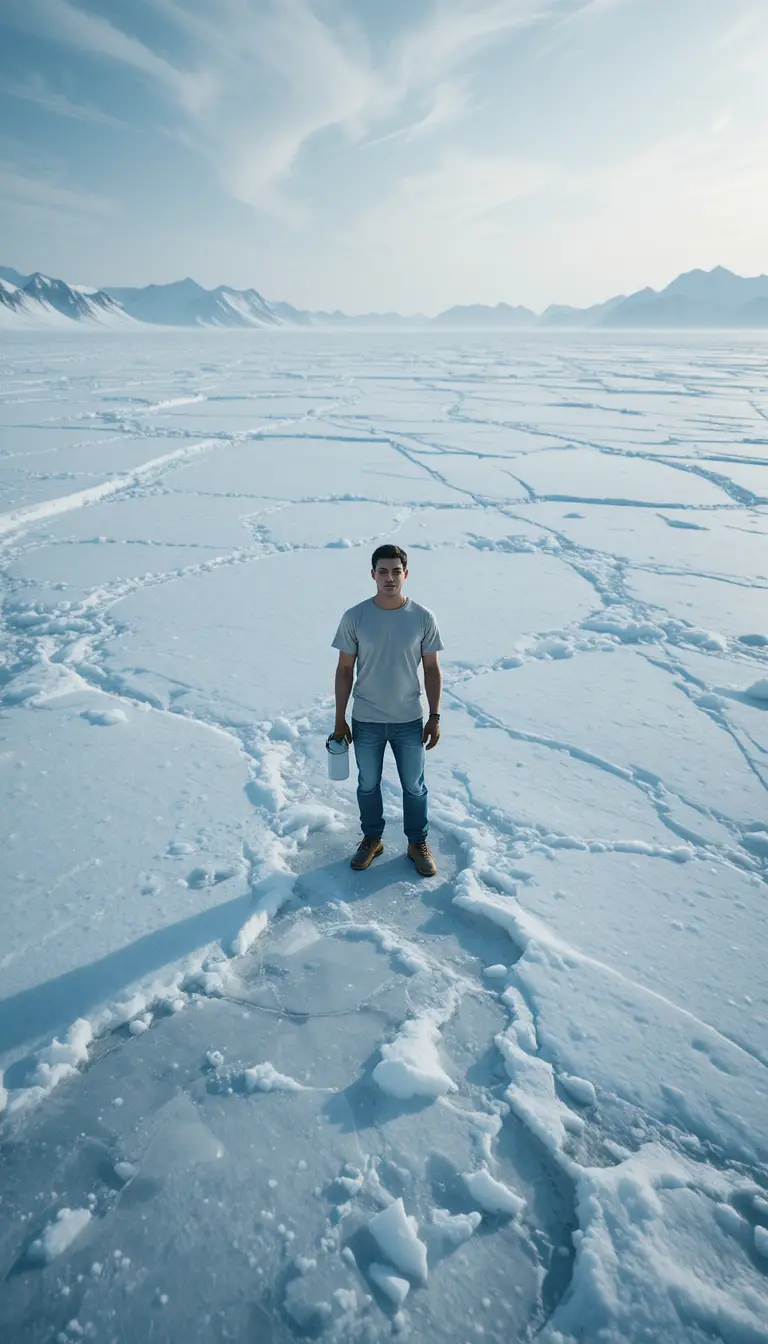 Worker on flat icy greenland terrain seen from above
