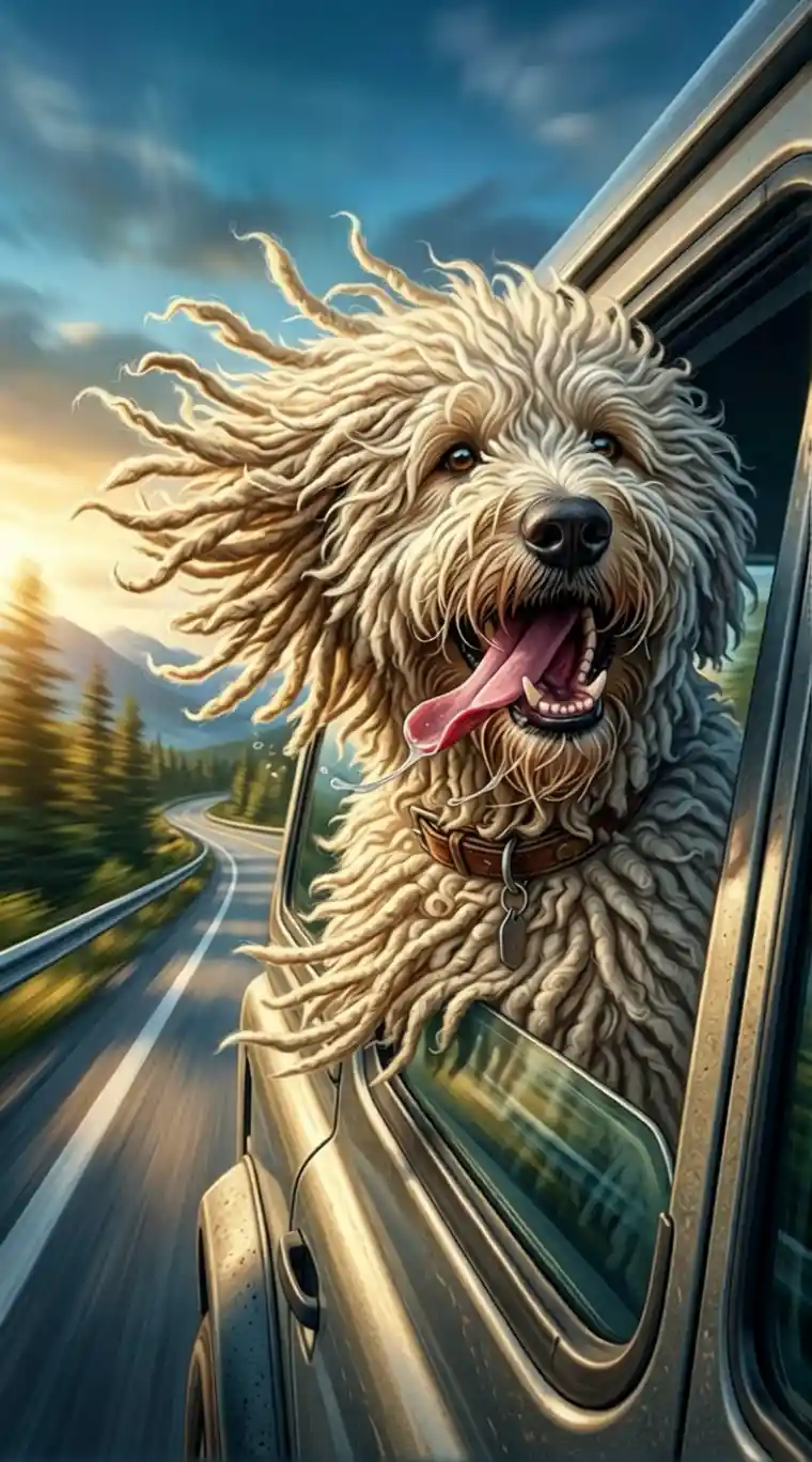 Joyful komondor dog enjoying wind from car window