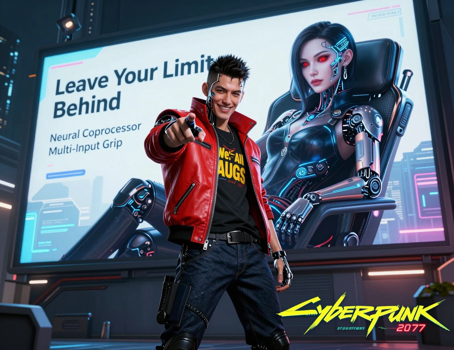 Cyberpunk man pointing forward in neon city street