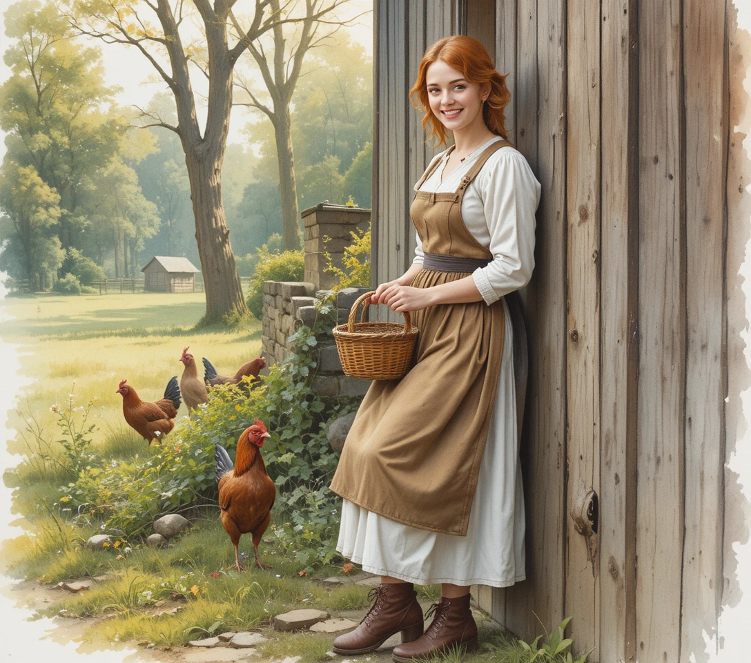 Redhead woman in apron leaning against rustic barn wall