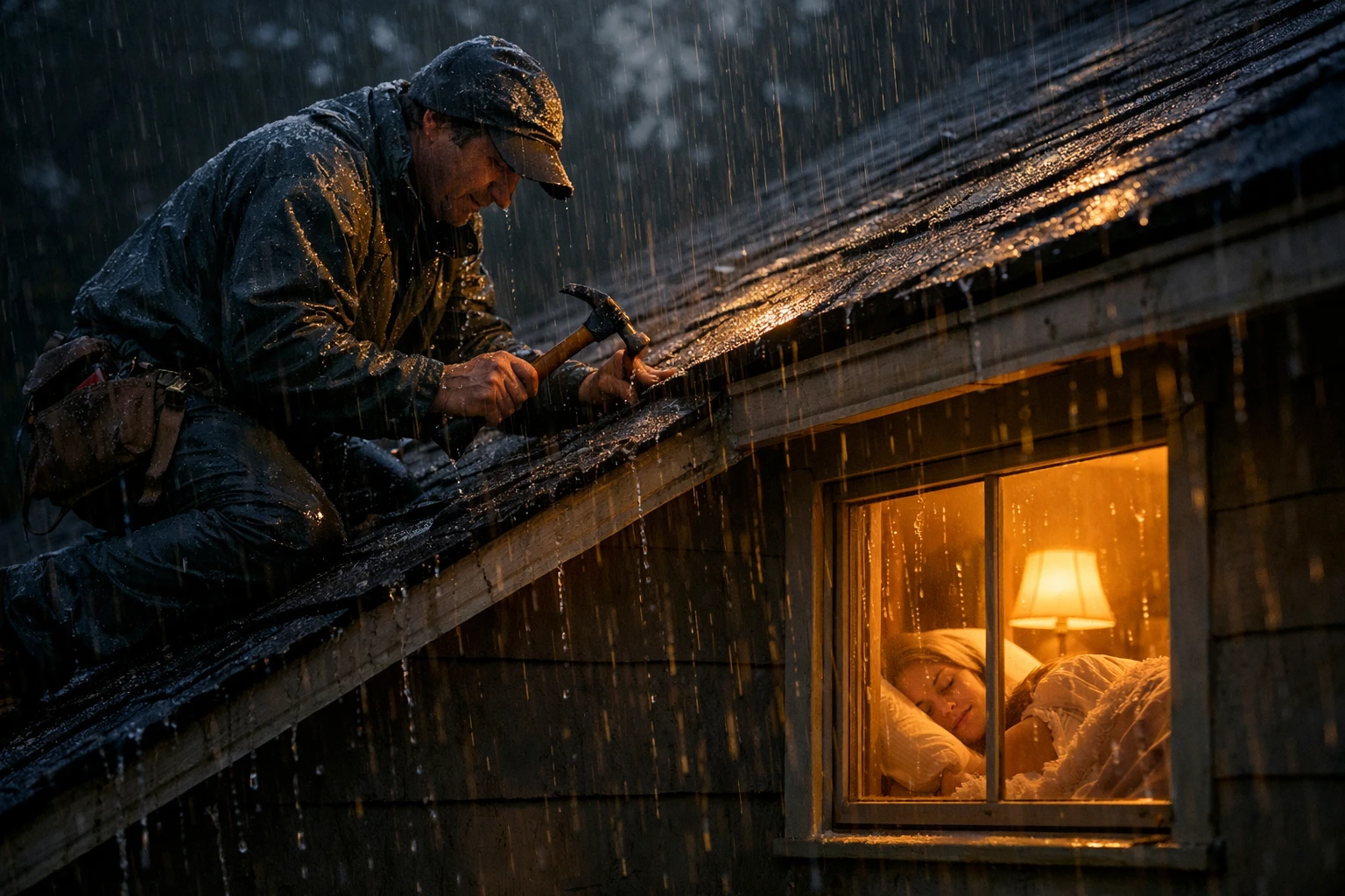 Homem consertando um telhado molhado pela chuva em uma casa iluminada e aconchegante
