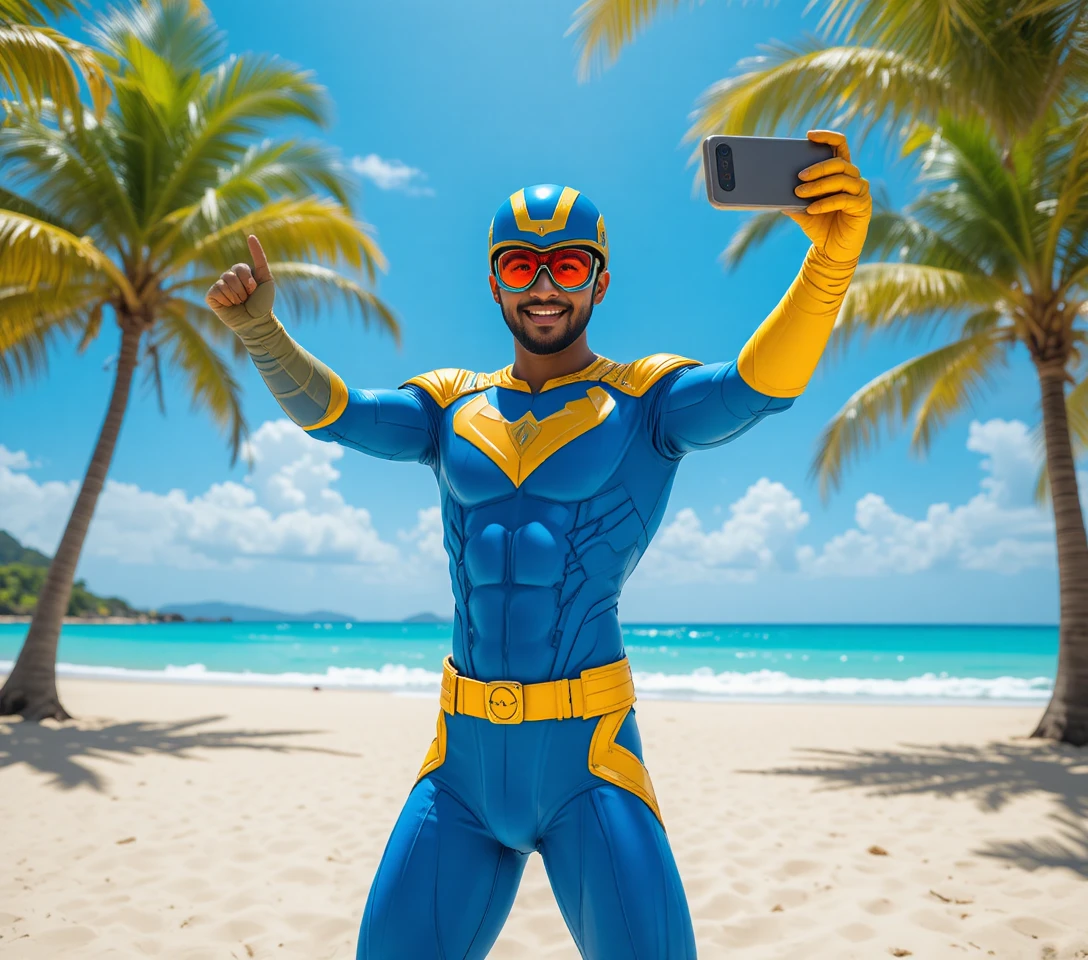 Super-herói sul-asiático tirando uma selfie em uma praia ensolarada