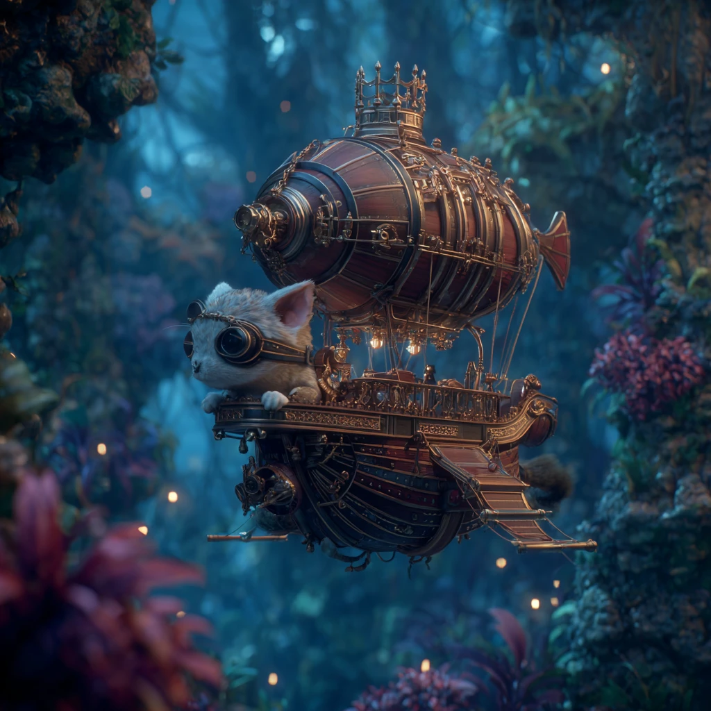Esquilo steampunk pilotando um dirigível inspirado em xadrez
