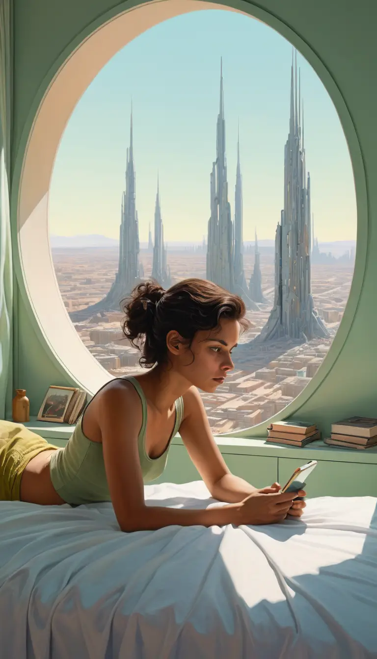 Giovane donna a letto in una stanza cittadina retro-futuristica