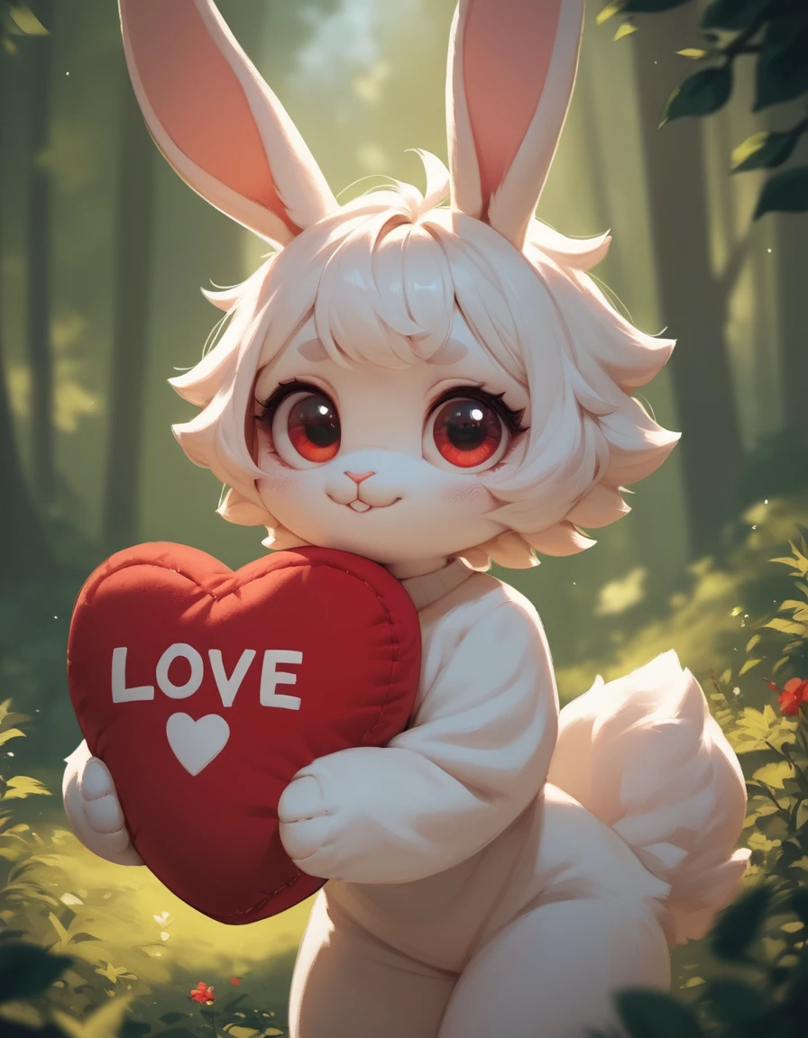 Coelhinho branco fofo na floresta segurando um coração vermelho