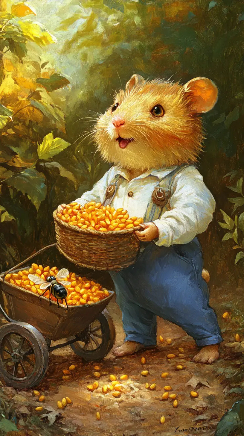 Criceto con carriola di cereali accanto a un mucchio di pinoli