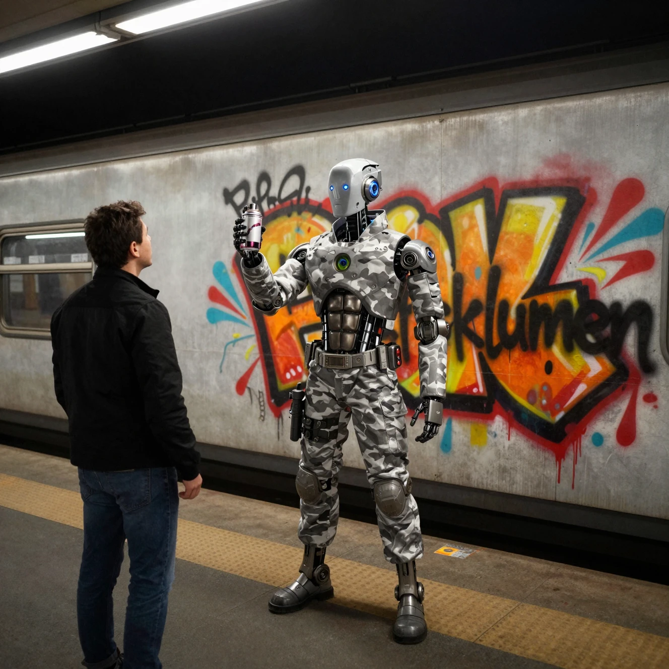 Futuristischer Roboter bewundert Graffiti in einem dunklen Bahnhof