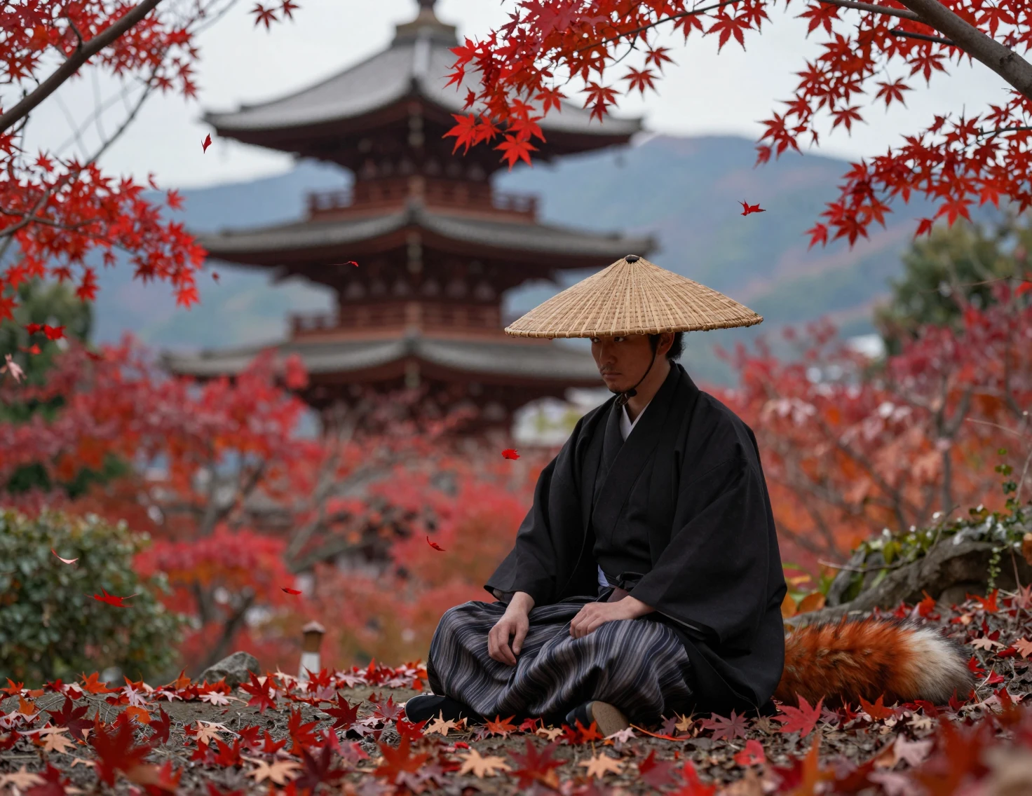 Samurai raposa de quimono preto entre folhas de bordo vermelhas