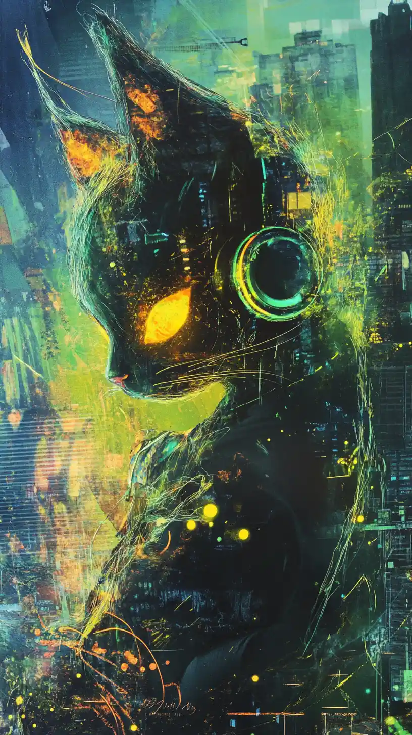 Gatto cyberpunk con cuffie su un tetto nella città al neon