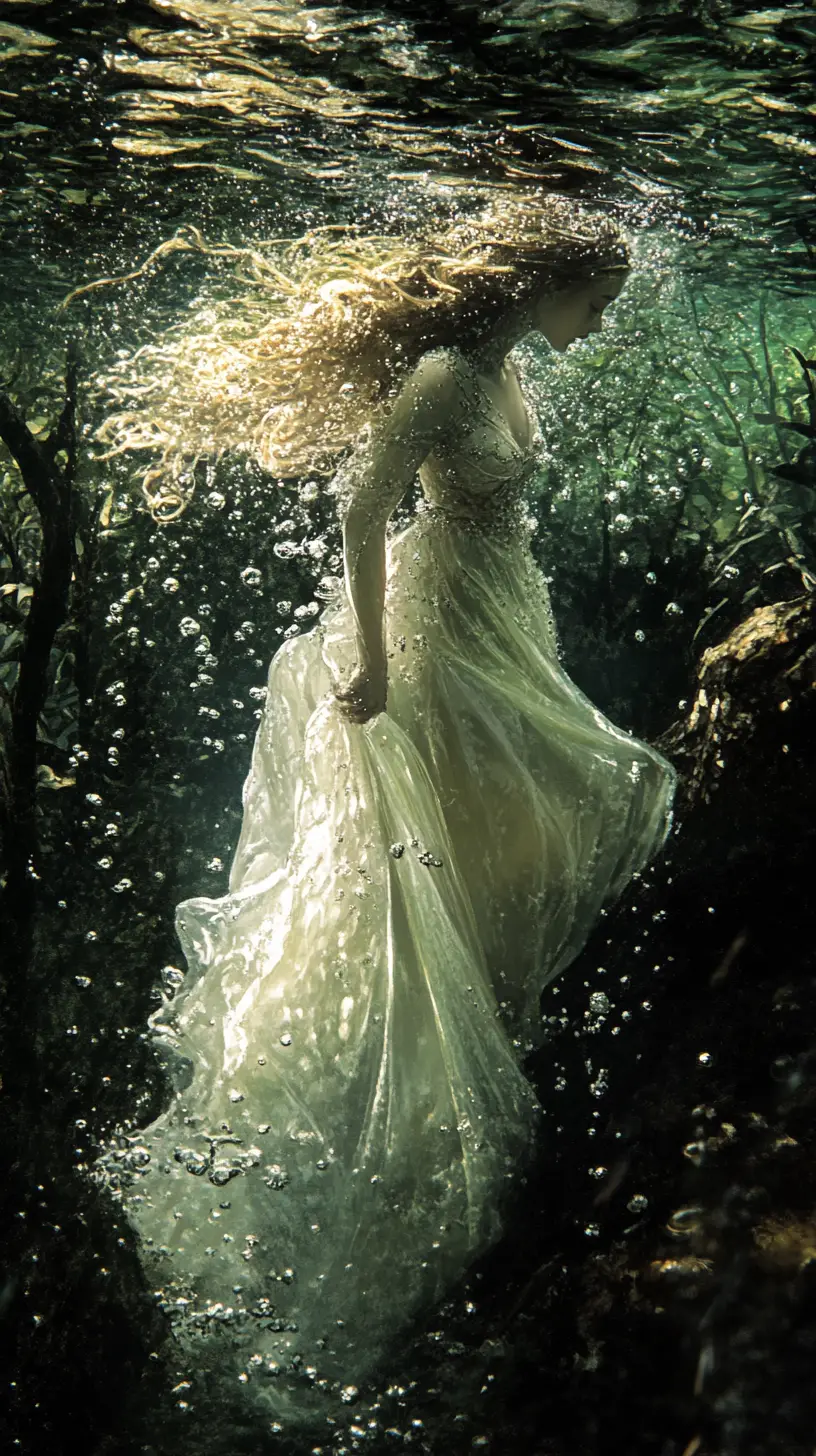 Surreal underwater forest with flowing water and glowing depths
