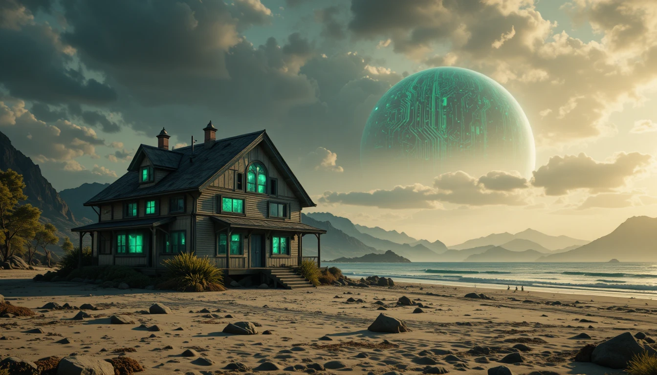 Maison de plage futuriste sous un ciel sombre et une planète géante