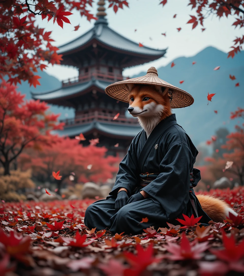 Samurai raposa descansando entre folhas de bordo vermelhas no outono
