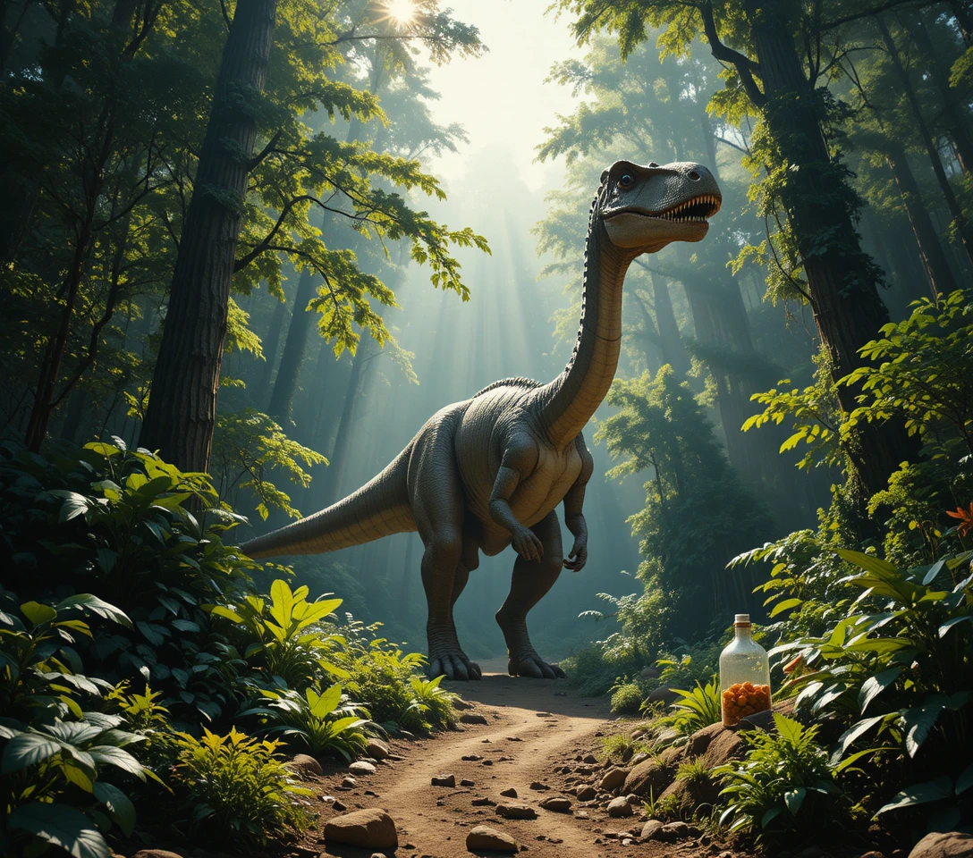 Dinossauro cinematográfico vagando por uma floresta pré-histórica exuberante