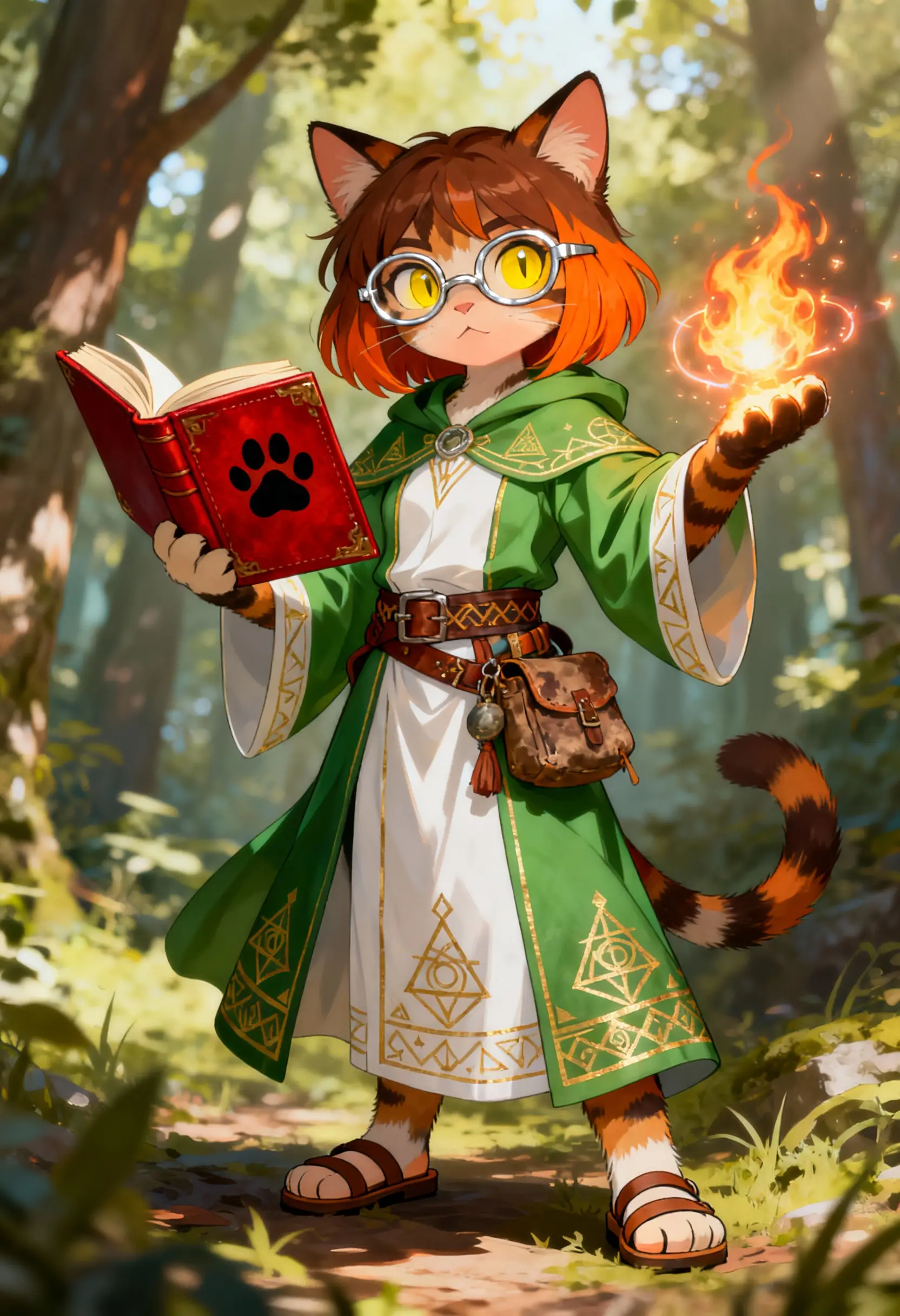 Mago tabaxi in stile anime che lancia un incantesimo di fuoco nella foresta