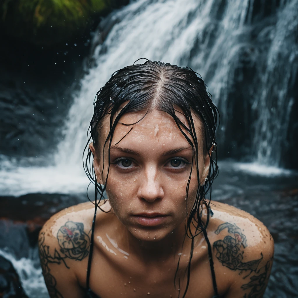 Top down macro portrait of a tattooed woman in waterfall