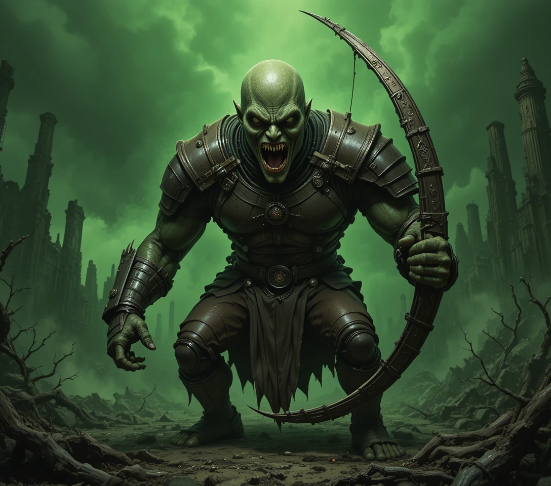 Guerrier mort-vivant visant avec un arc dans une brume vert sombre