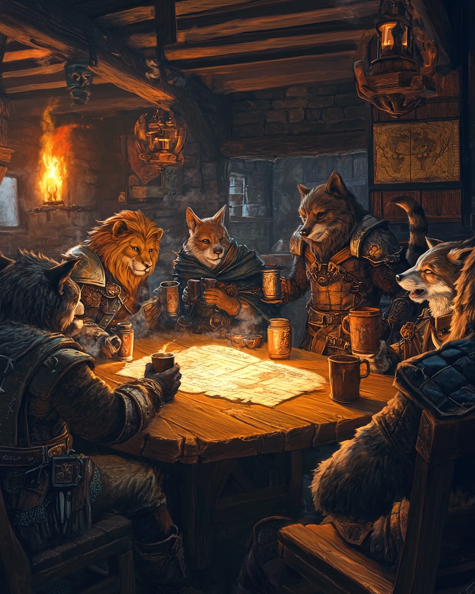 Aventureiros animais antropomórficos reunidos em uma taverna de fantasia