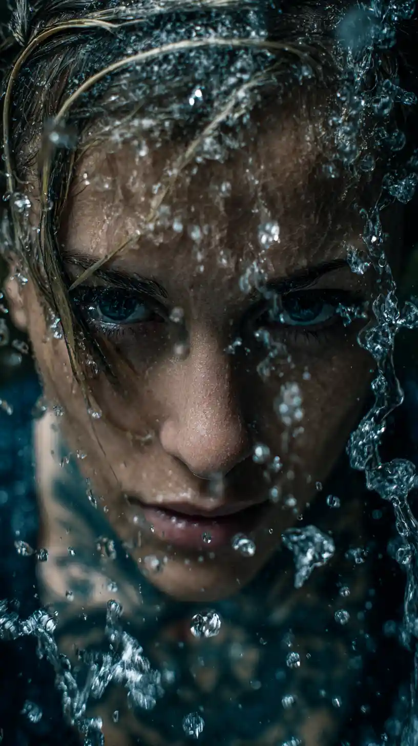 Ritratto macro dall’alto di una donna nella cascata