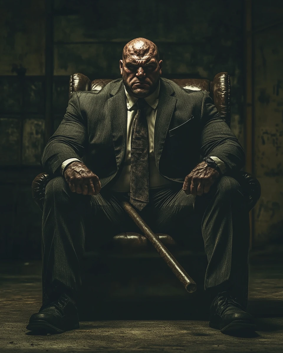 Bulldog crime boss on a throne in a dark warehouse
