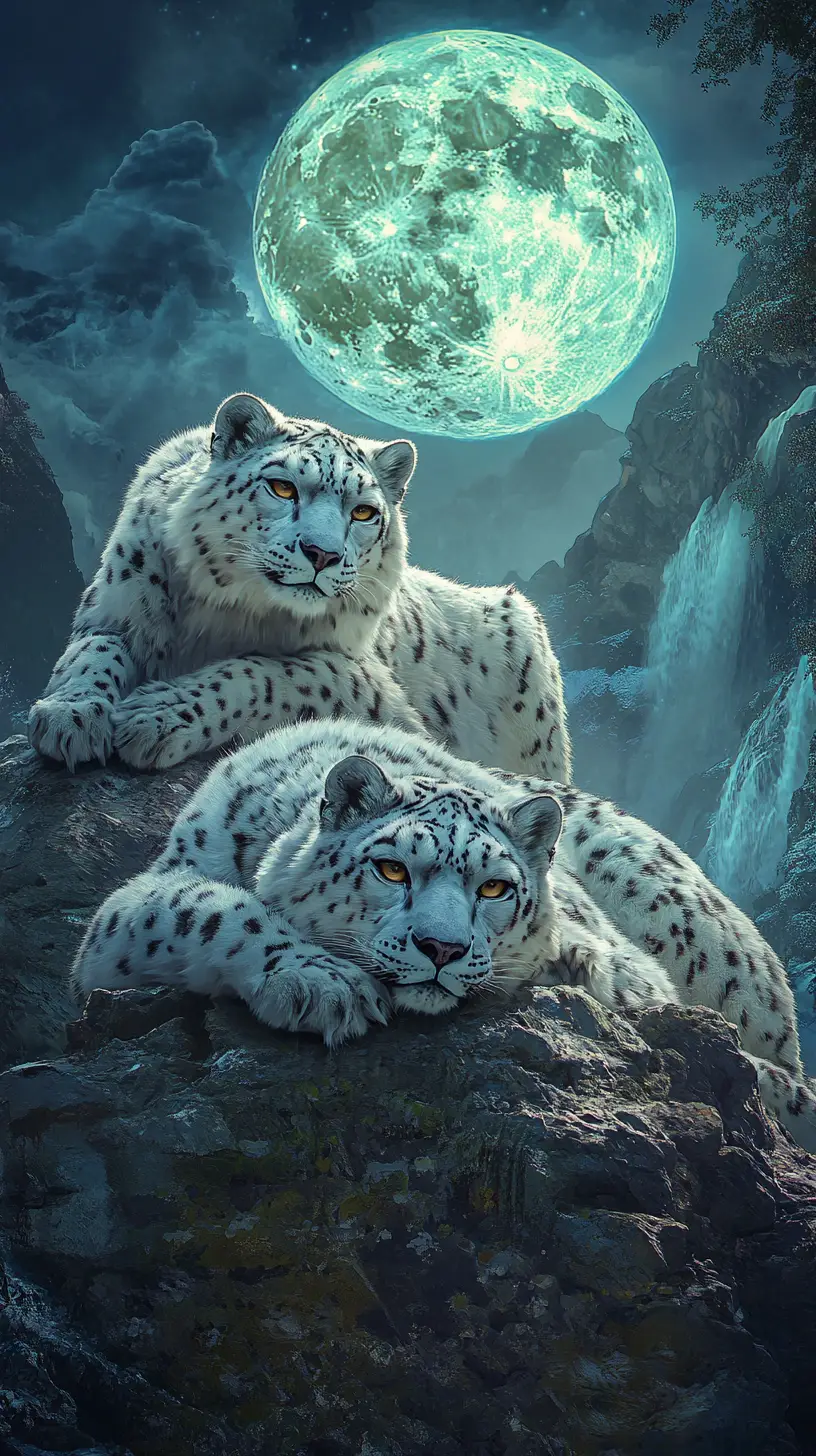 Two snow leopards under a glowing moonlit sky