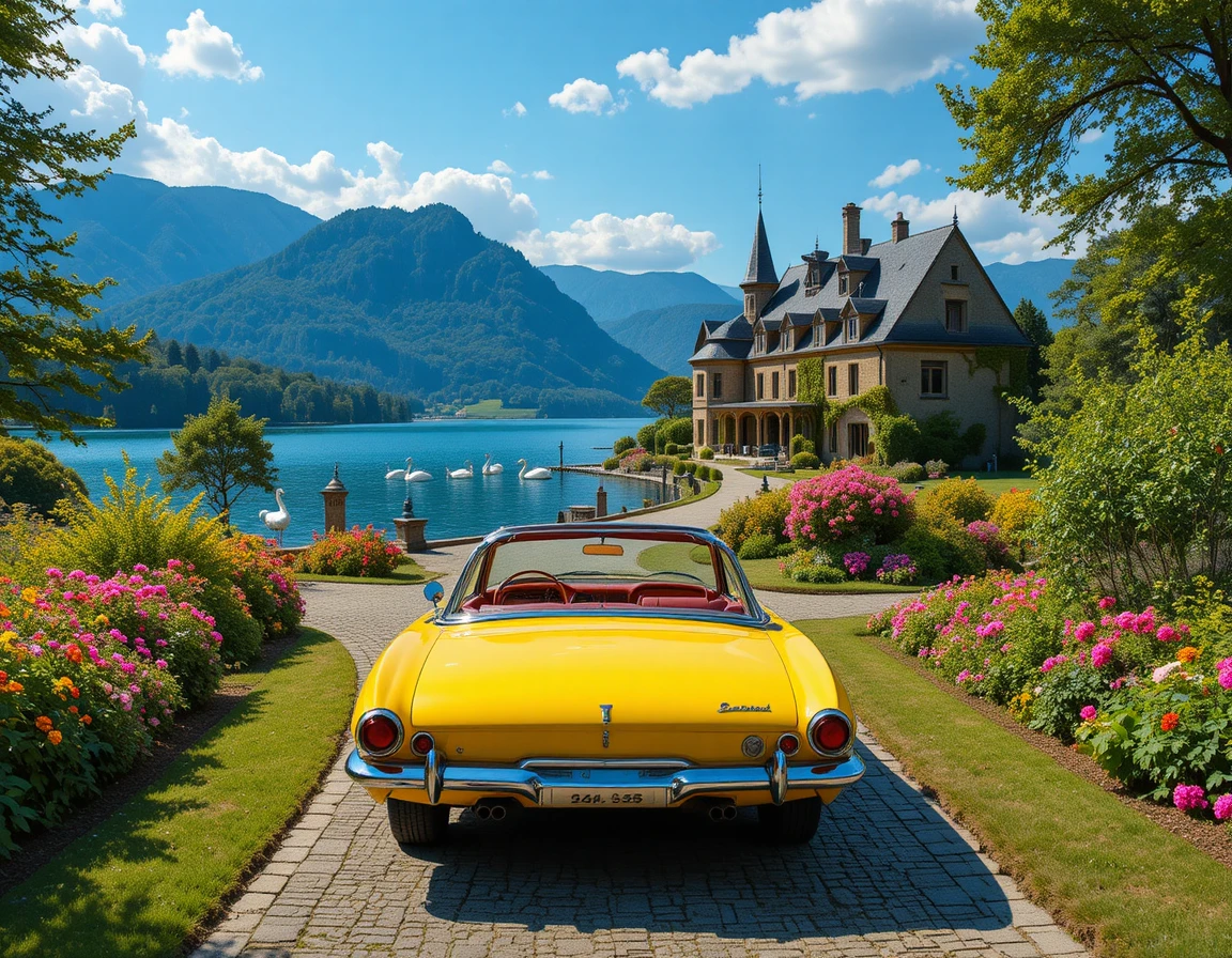 Classica cabrio gialla davanti a villa sul lago