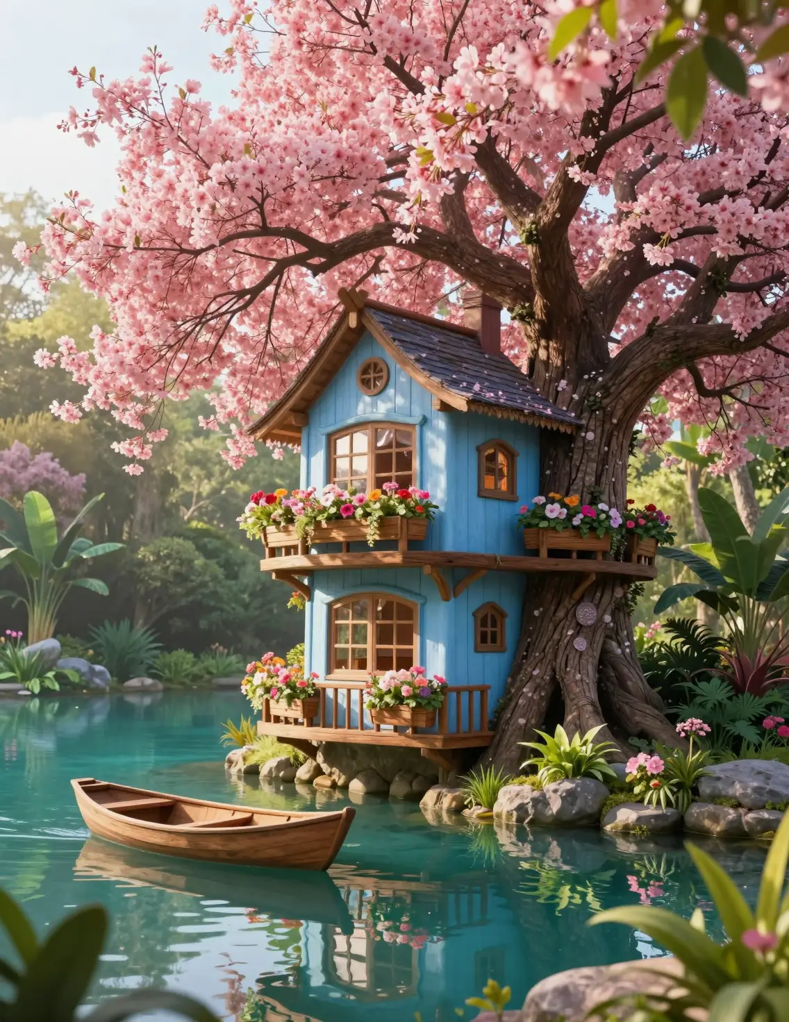 Casetta sull’albero blu fiabesca sopra un tranquillo stagno turchese