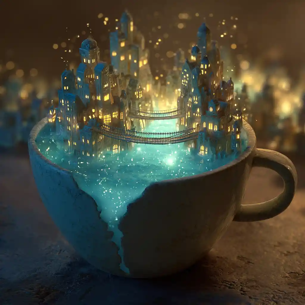 Bioluminescent Miniature City Inside A Cracked Teacup